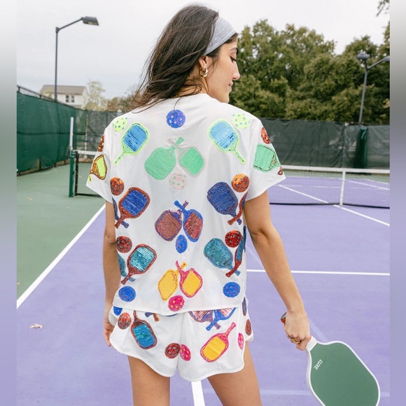 QUEEN OF SPARKLES Sequin PICKLEBALL Active Tee NWT - Picture 7 of 7